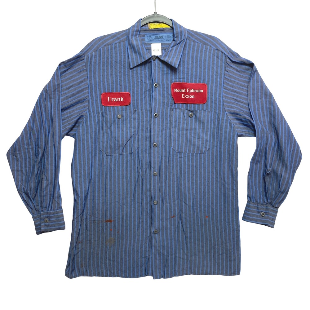 Cintas Exxon Work Shirt Mens L Blue Striped Gas Station Button Up Made In USA